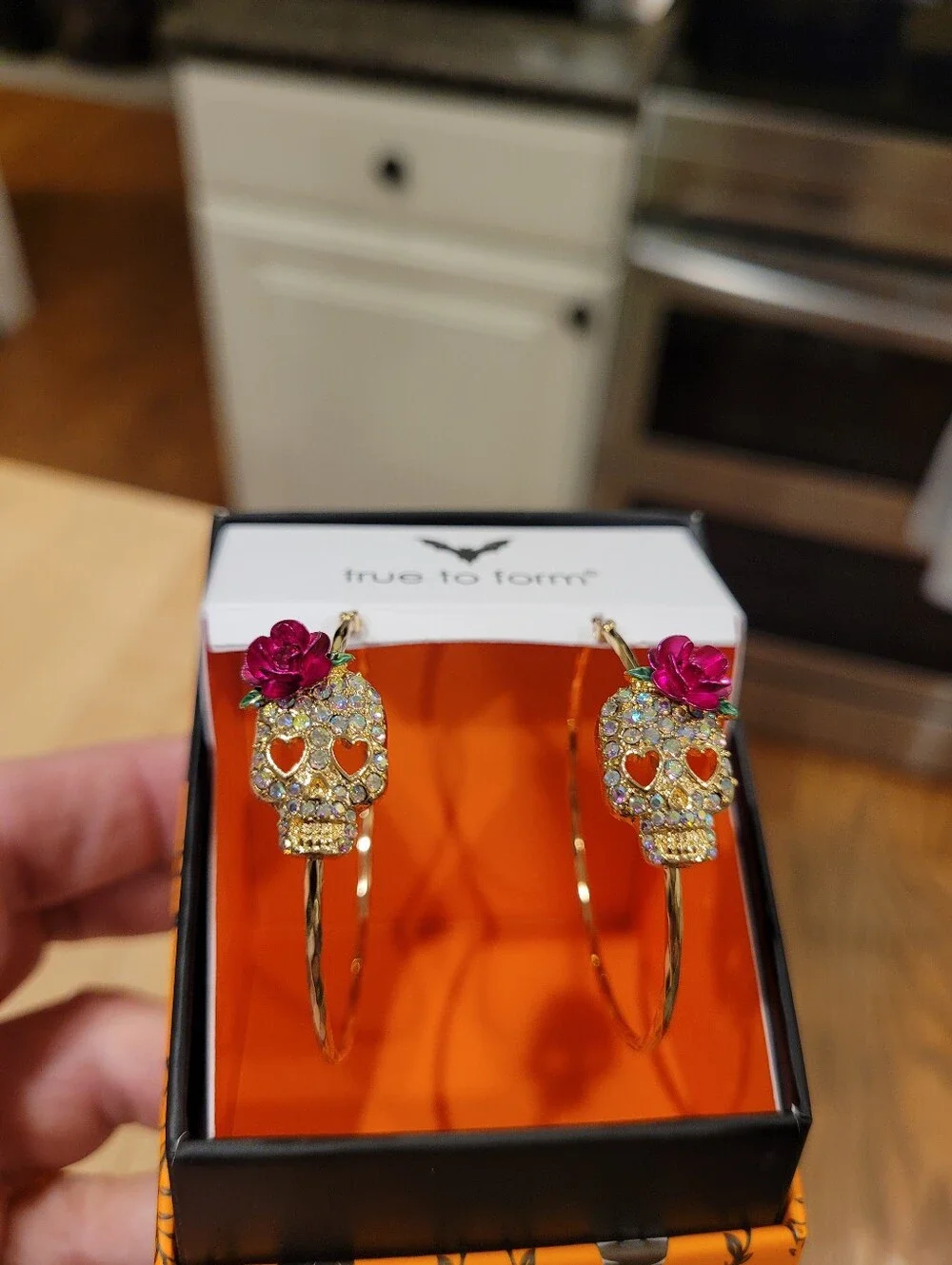 NEW True To Form Gold-Tone Skull Bracelet & Hoop Earrings with Pink Rose Accents